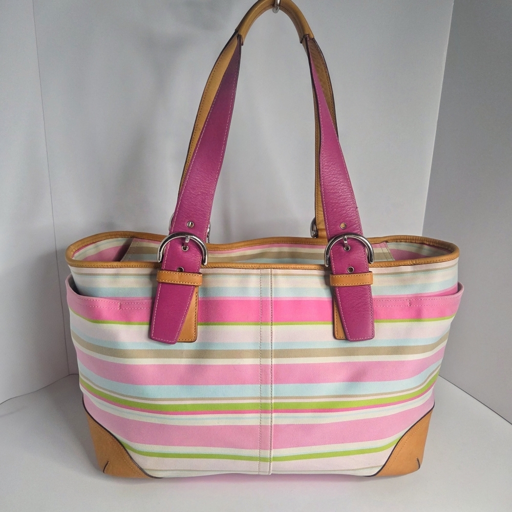 Coach Y2K Hamptons Pastel Striped Canvas & Leather Oversized Tote Bag #5177 - Picture 3 of 11